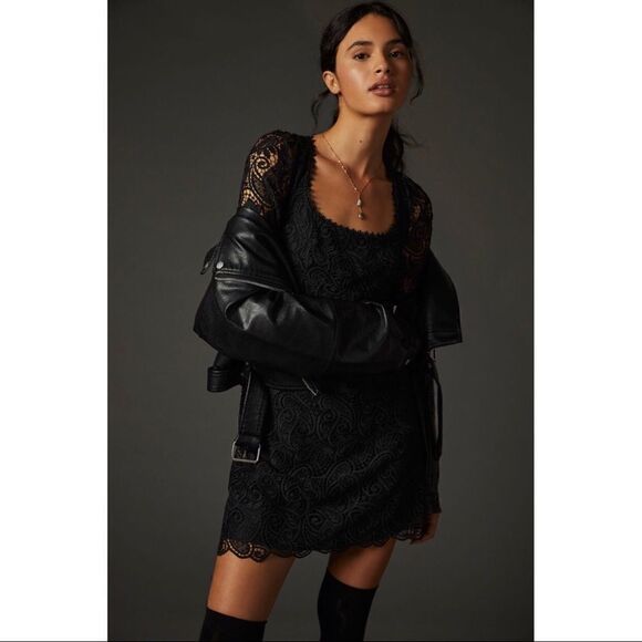 NEW Anthropologie Maeve Embroidered Bell Sleeve Black Lace Mini Dress Size 2 & 6 - Picture 4 of 5